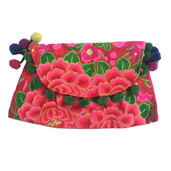 Embroidered Floral Pom Pom Clutches - Picture 1 of 3